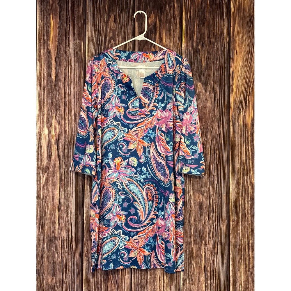 Stella Parker Dress Womens L Navy Paisley Floral Split Neck 3/4 Sleeve Shift - Picture 2 of 14